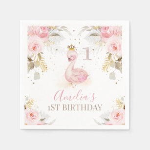 Pink Floral Princess Swan 1st Birthday Paper Servet