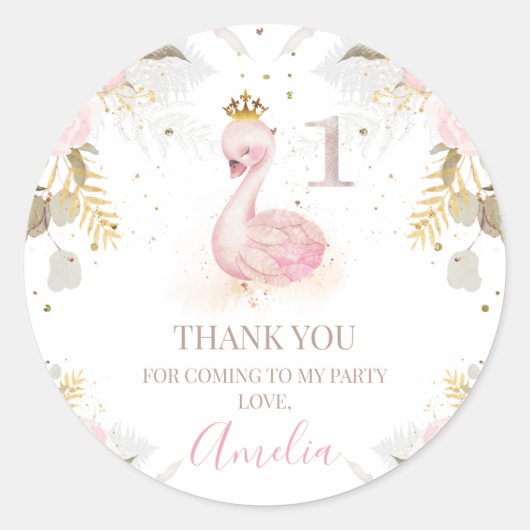 Pink Floral Princess Swan 1st Birthday Sticker (Voorkant)