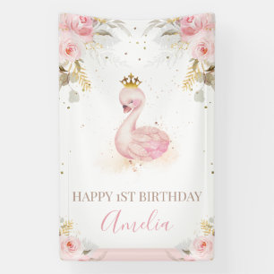 Pink Floral Princess Swan 1ste verjaardag banner