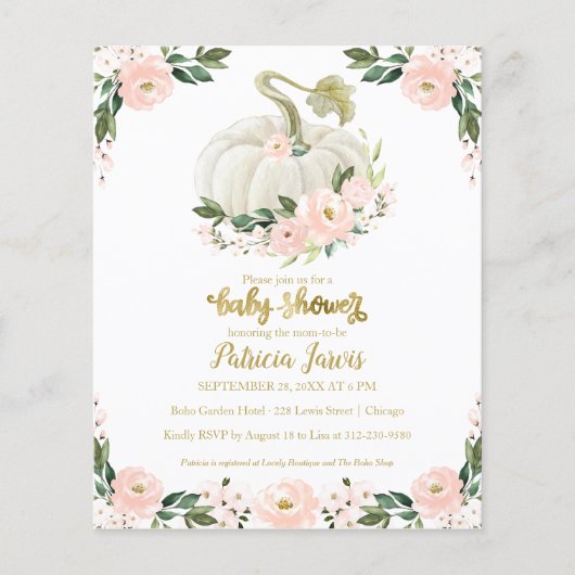 Pink Floral Pumpkin Baby shower Budget Uitnodiging (Voorkant)