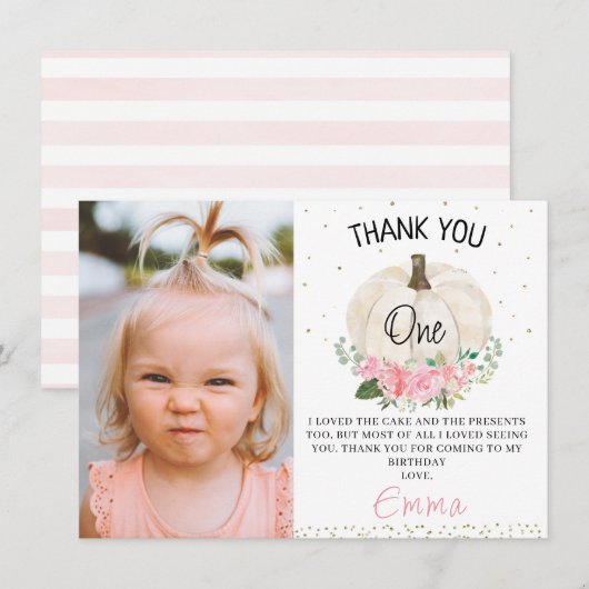 Pink Floral Pumpkin Foto Birthday Hartelijk dank Kaart (Voorkant / Achterkant)