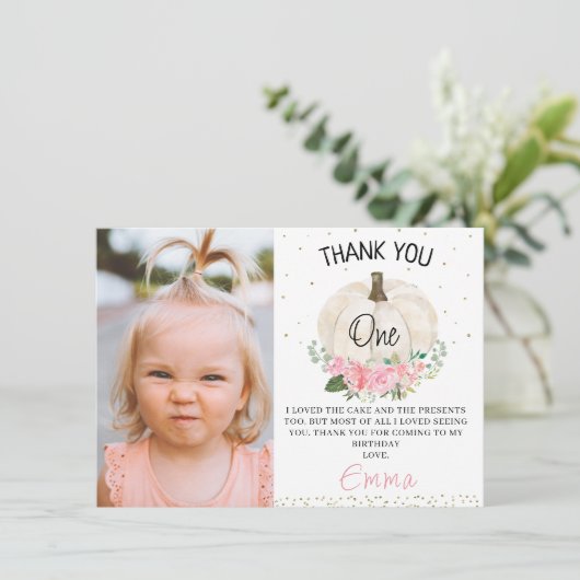 Pink Floral Pumpkin Foto Birthday Hartelijk dank Kaart (Staand voorkant)