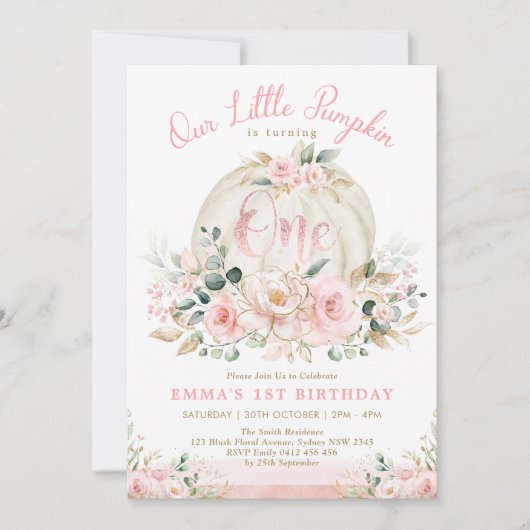 Pink Floral Pumpkin Girl 1e verjaardag Kaart (Voorkant)