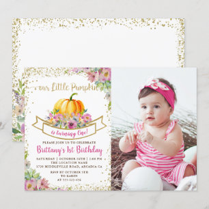 Pink Floral Pumpkin Glitter Girl Birthday Foto Kaart