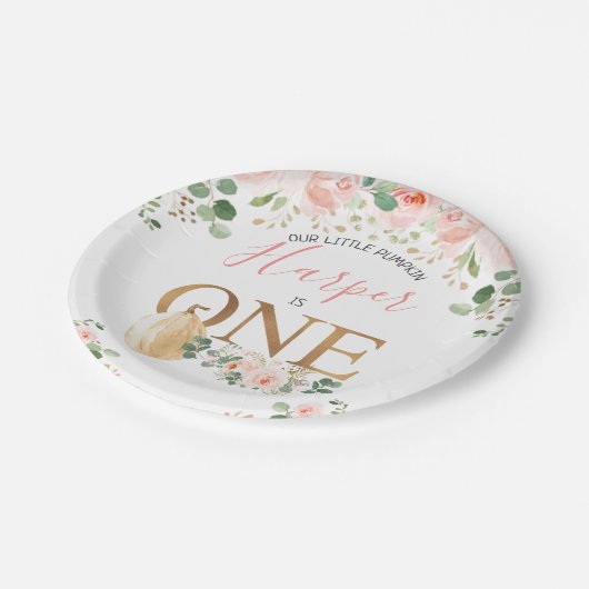 Pink Floral Pumpkin Gold First Birthday Party  Papieren Bordje (Gekanteld)