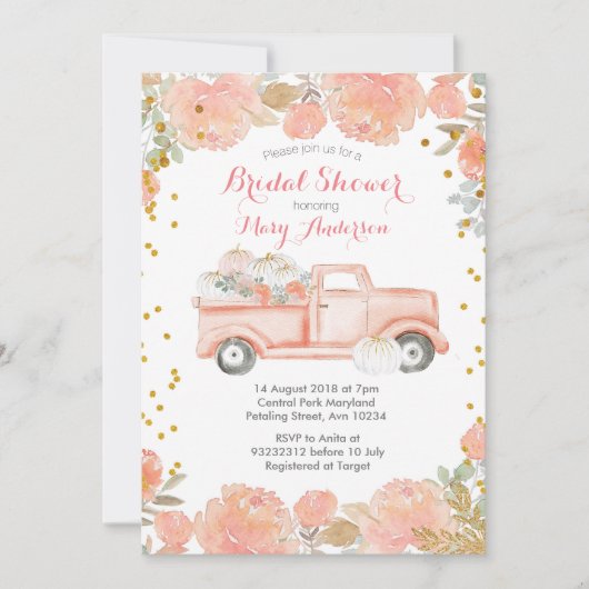 Pink Floral Pumpkins Truck Rustic Vrijgezellenfees Kaart (Voorkant)