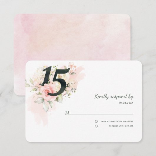 Pink Floral Quinceanera 15e verjaardag RSVP Kaartje (Voorkant / Achterkant)