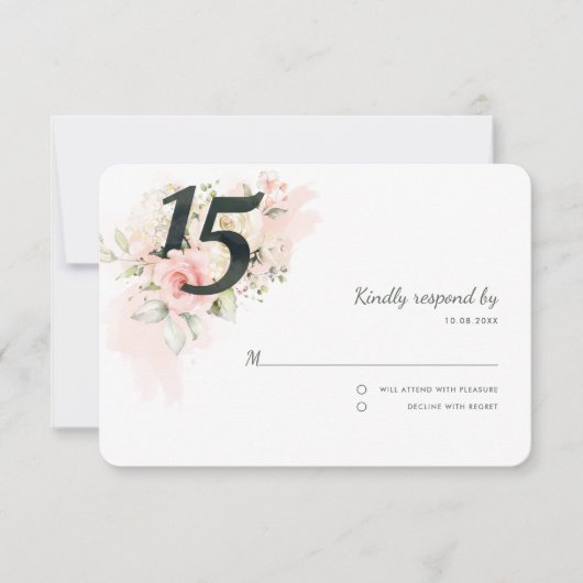 Pink Floral Quinceanera 15e verjaardag RSVP Kaartje (Voorkant)