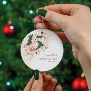 Pink Floral Quinceanera 15th Birthday Greenery Keramisch Ornament