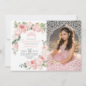 Pink Floral Quinceanera Birthday Foto uitnodiging (Voorkant)