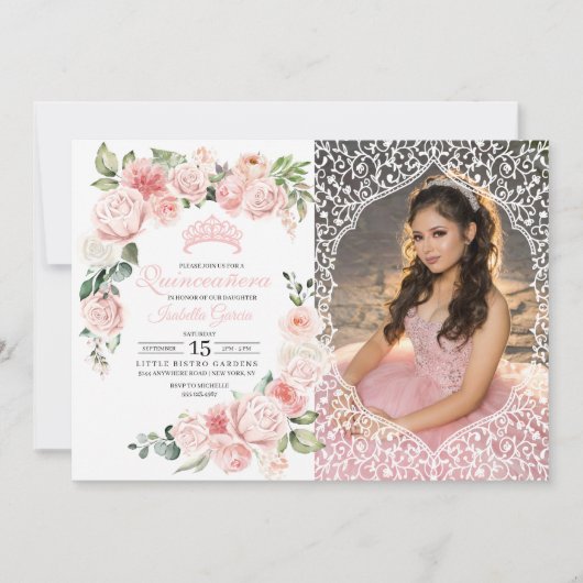 Pink Floral Quinceanera Birthday Foto uitnodiging (Voorkant)