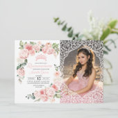 Pink Floral Quinceanera Birthday Foto uitnodiging (Staand voorkant)