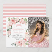 Pink Floral Quinceanera Birthday Foto uitnodiging (Voorkant / Achterkant)