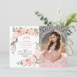 Pink Floral Quinceanera Birthday Foto uitnodiging