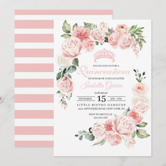 Pink Floral Quinceanera Birthday Uitnodiging (Voorkant / Achterkant)