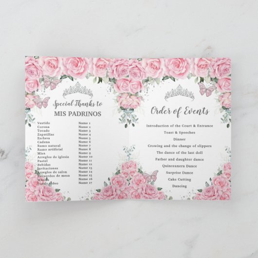 Pink Floral Quinceañera Evenementenvolgorde Padrin Programma (Binnen)