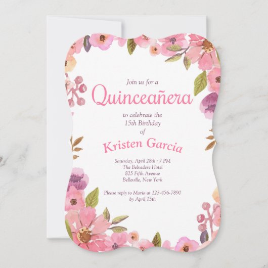 Pink Floral Quinceañera Kaart (Voorkant)