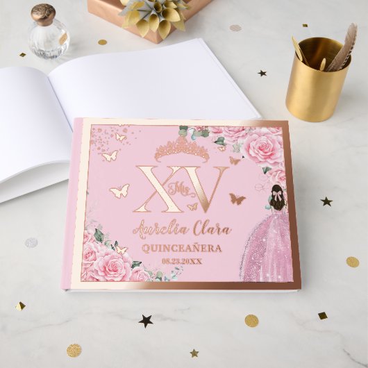 Pink Floral Quinceañera Quince 15 XV Rose Gold Gastenboek (Voorkant open)