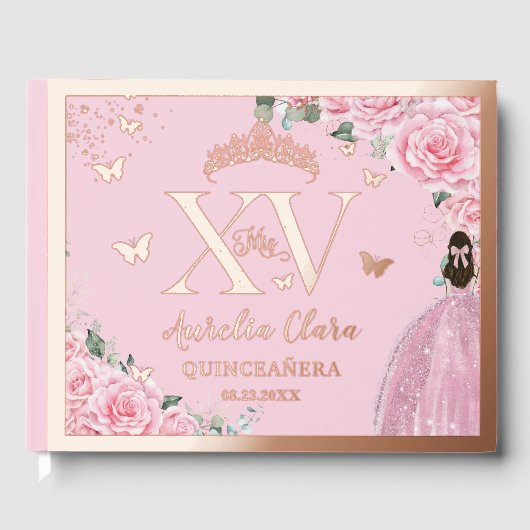 Pink Floral Quinceañera Quince 15 XV Rose Gold Gastenboek (Voorkant)