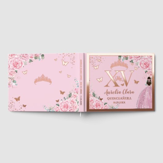 Pink Floral Quinceañera Quince 15 XV Rose Gold Gastenboek (Volledig)