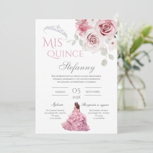 Pink Floral Quinceañera Spaans Kaart (Staand voorkant)
