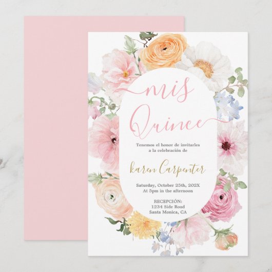 Pink Floral Quinceanera Uitnodiging (Voorkant / Achterkant)