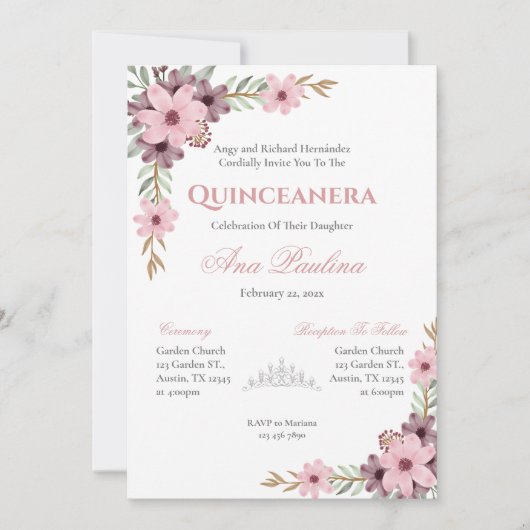 Pink Floral Quinceañera Uitnodiging (Voorkant)