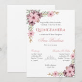 Pink Floral Quinceañera Uitnodiging (Voorkant / Achterkant)