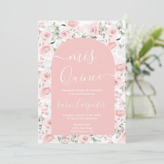 Pink Floral Quinceanera Uitnodiging (Staand voorkant)