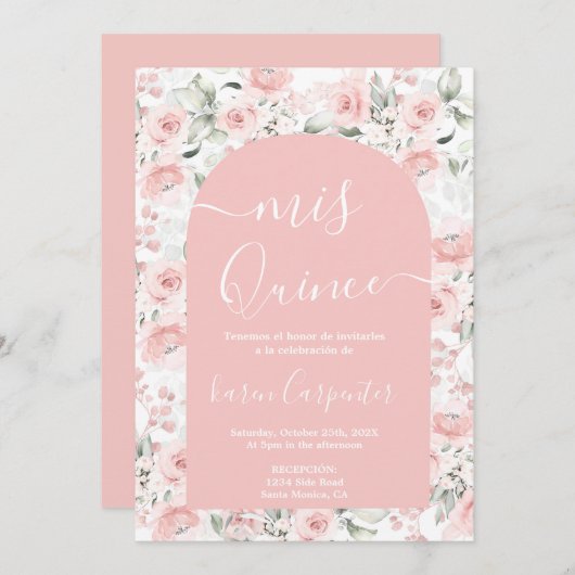 Pink Floral Quinceanera Uitnodiging (Voorkant / Achterkant)