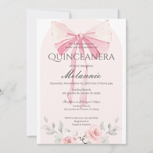 Pink Floral Quinceañera Uitnodiging (Voorkant)