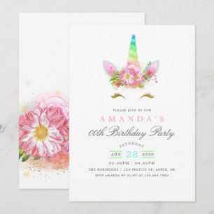 Pink Floral Rainbow Unicorn Girl Birthday Party Kaart