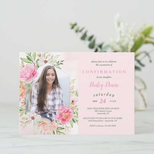Pink Floral Religieuze Uitnodiging (Staand voorkant)