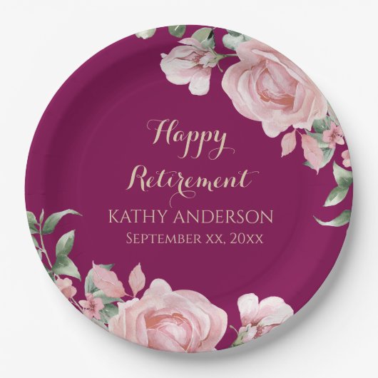 Pink Floral Retirement Party Papieren Bordje (Voorkant)