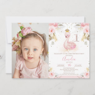 Pink Floral Roos Foto Princess Swan 1st Birthday Kaart