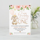 Pink Floral Roos Gold Bunny 1st Birthday Kaart (Staand voorkant)