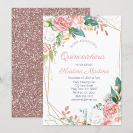 Pink Floral Roos Gold Glitter Quinceañera Birthday Kaart