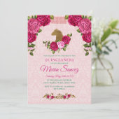 Pink Floral Roos & Gold Horse Quinceanera Birthday Kaart (Staand voorkant)