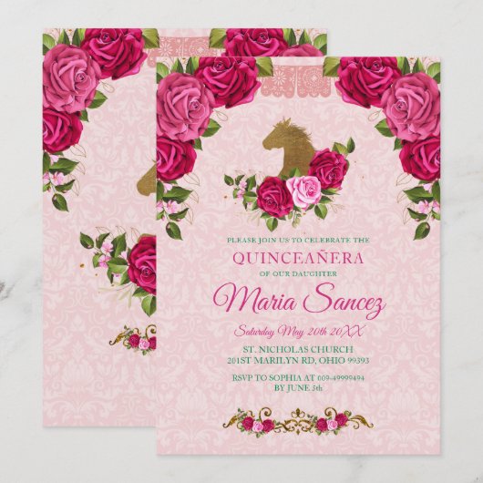 Pink Floral Roos & Gold Horse Quinceanera Birthday Kaart (Voorkant / Achterkant)