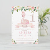 Pink Floral Roos Gold Swan 1e verjaardag Uitnodigi Kaart (Staand voorkant)