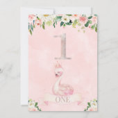Pink Floral Roos Gold Swan 1e verjaardag Uitnodigi Kaart (Achterkant)