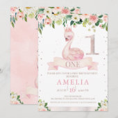 Pink Floral Roos Gold Swan 1e verjaardag Uitnodigi Kaart (Voorkant / Achterkant)