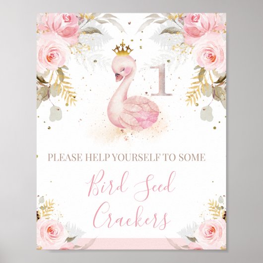Pink Floral Roos Princess Swan 1st Birthday Sign Poster (Voorkant)