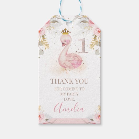 Pink Floral Roos Princess Swan 1ste verjaardag Cadeaulabel (Voorkant)