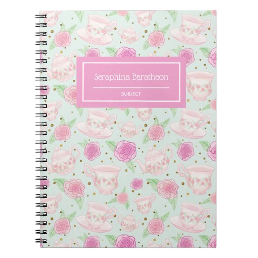 Pink Floral Roos Tea Pattern Gepersonaliseerd Notitieboek (Voorkant)