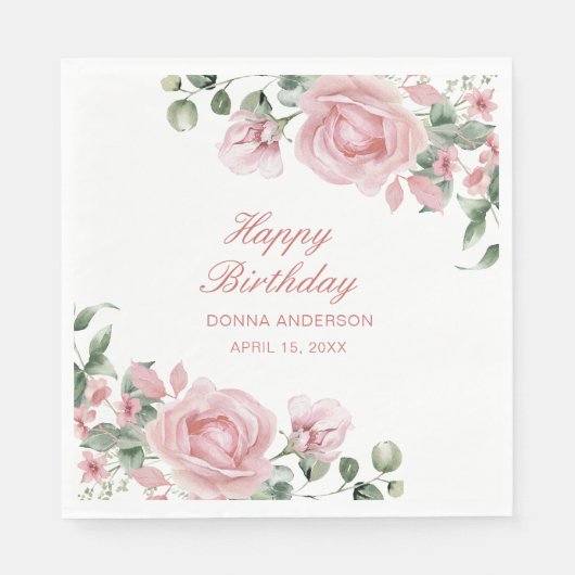Pink Floral Rose Birthday Party Plate Servet (Voorkant)