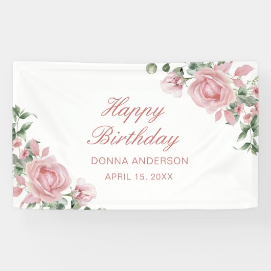 Pink Floral Rose Birthday Party Plate Spandoek (Horizontaal)
