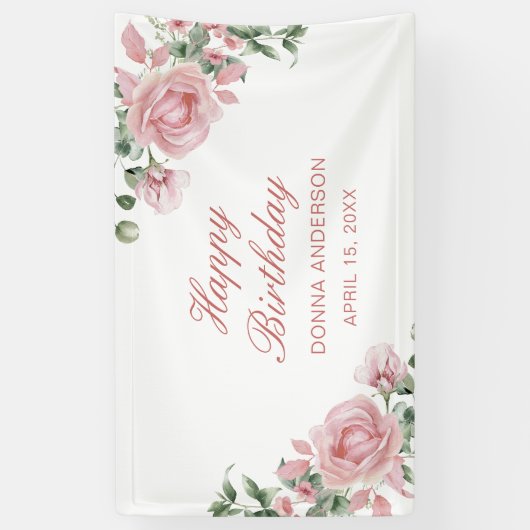 Pink Floral Rose Birthday Party Plate Spandoek (Verticaal)
