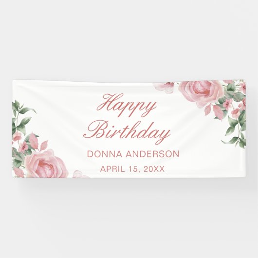 Pink Floral Rose Birthday Party Plate Spandoek (Horizontaal)