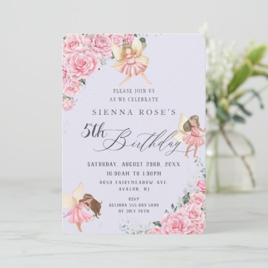 Pink Floral Rozen Fairies Arch Birthday Foto Kaart (Staand voorkant)